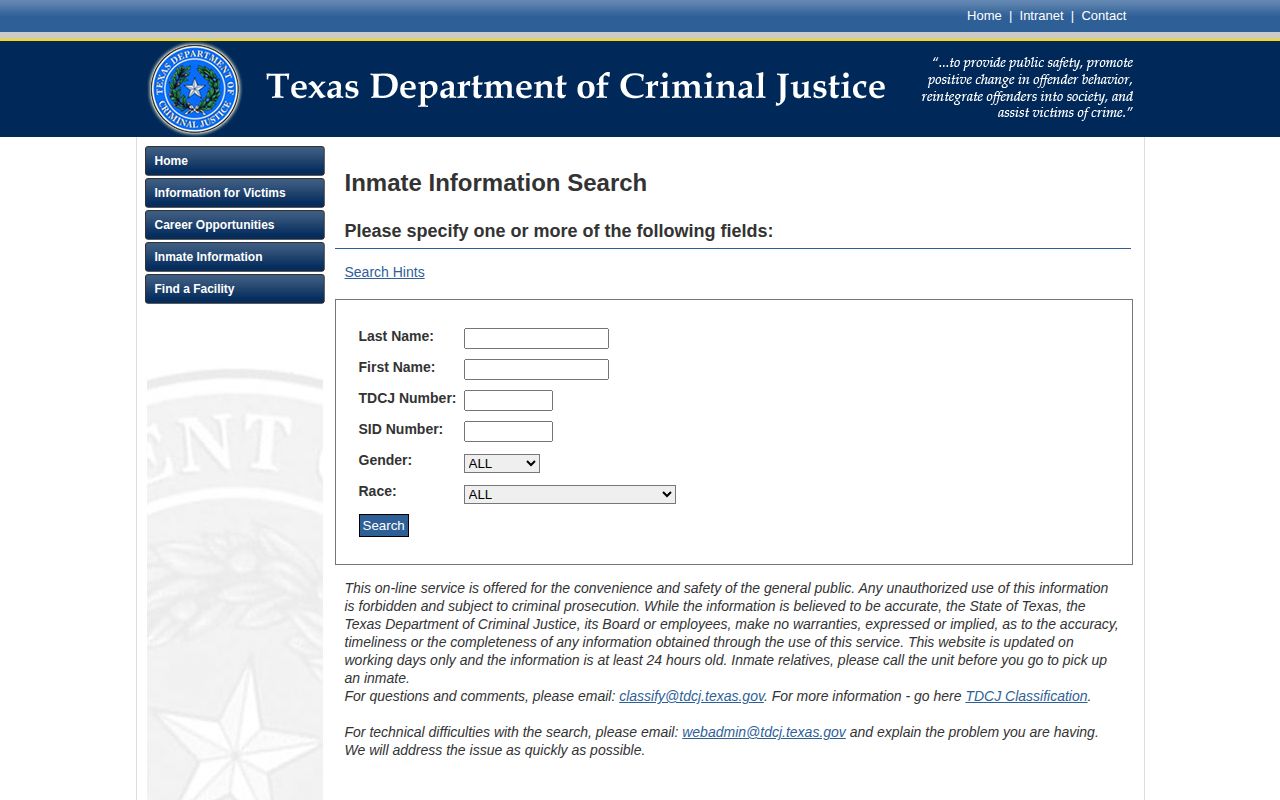 Texas Department of Criminal Justice offender search form