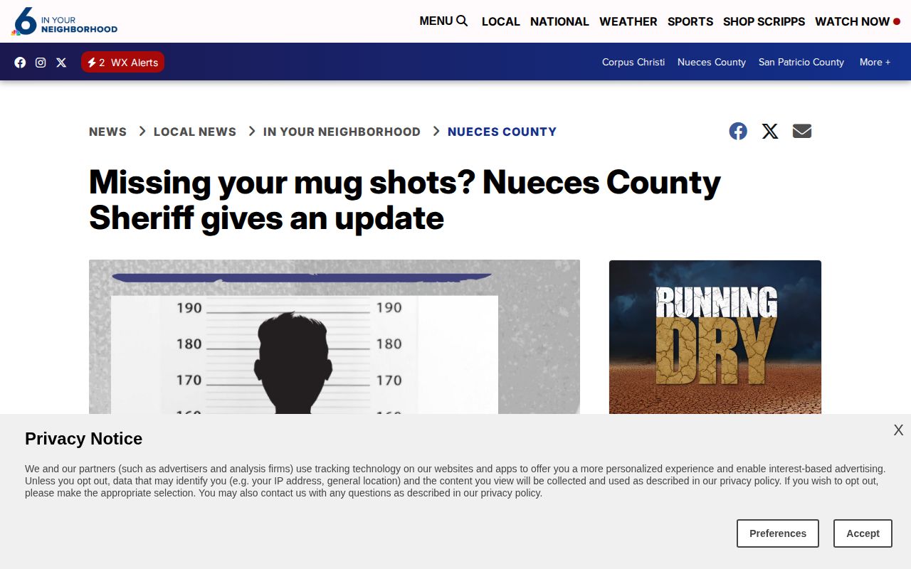 Local report about the Nueces County sheriff app inmate feed and mugshot outage